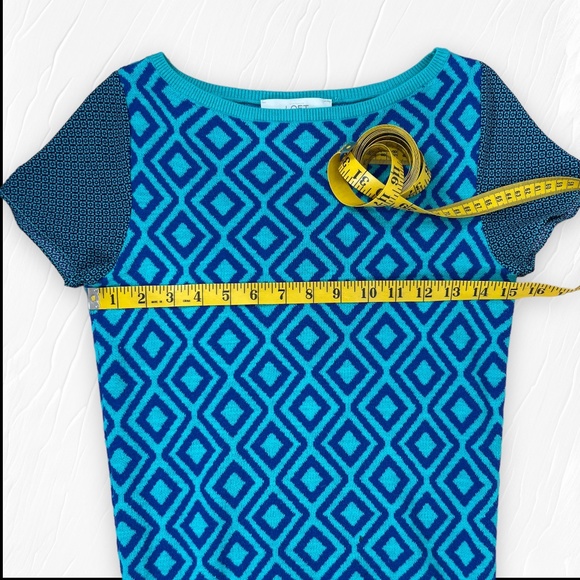 Ann Taylor Loft  Short Sleeve Sweater Geometric Diamond Print Aqua Blue Size XS - Picture 6 of 14